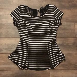 Black and white striped form fitting shirt w/lace